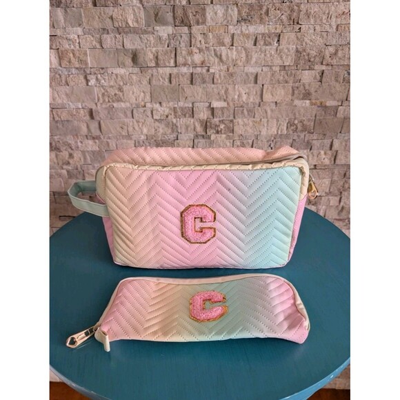 Personalized "C" Initial Preppy Patch Rainbow Makeup Bag Set 2 Pcs - Picture 7 of 10
